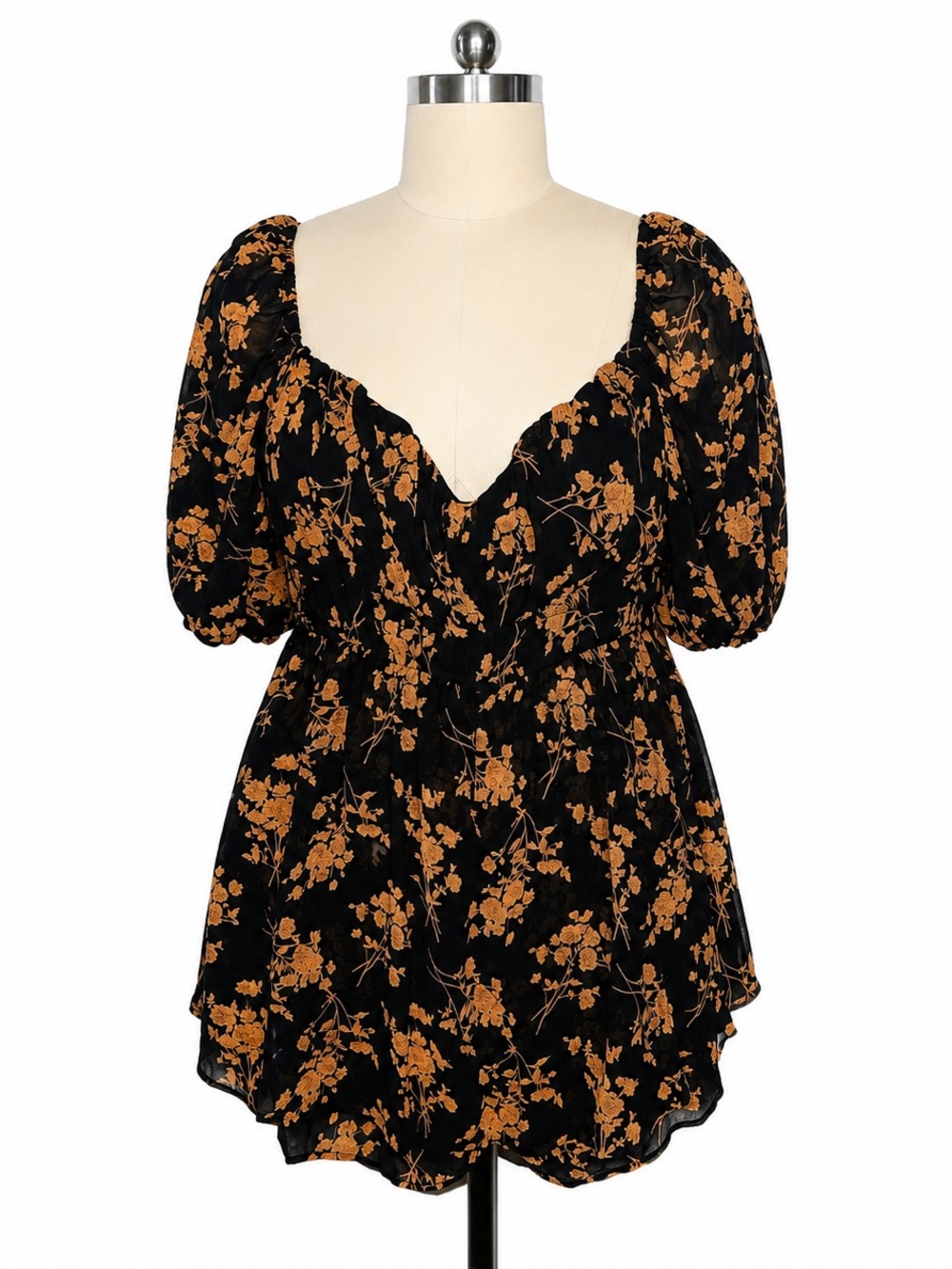 Curve Market Black Floral Romper Plus Size Boho Puff Sleeve Fits 20W